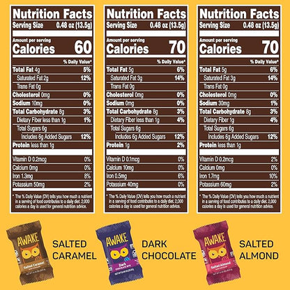 AWAKE - Caffeinated Chocolate Bites - Dark Chocolate Variety Pack (3 Flavors), 50 Bites - Dark, Salted Almond, & Salted Caramel - 50mg Caffeine - Coffee Alternative - Fairtrade, Gluten Free - 0.48oz