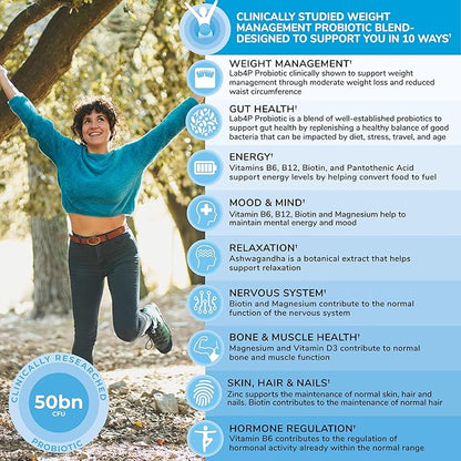 Health & Her Weight Management Probiotic | Perimenopause & Menopause - Clinically Studied 50bn CFU probiotic to Support Gut Health, Energy, Mood & Mind. 1 Month Supply - 60 Vegan Tablets