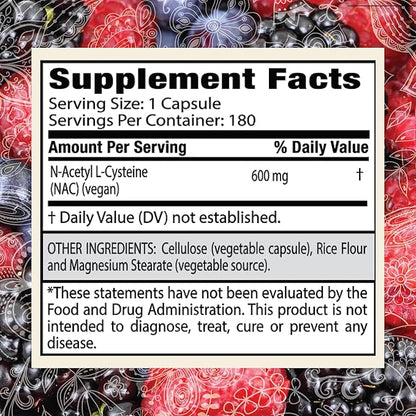 N-Acetyl L-Cysteine (NAC) 600mg, 180 Capsules - Non-GMO, Gluten Free